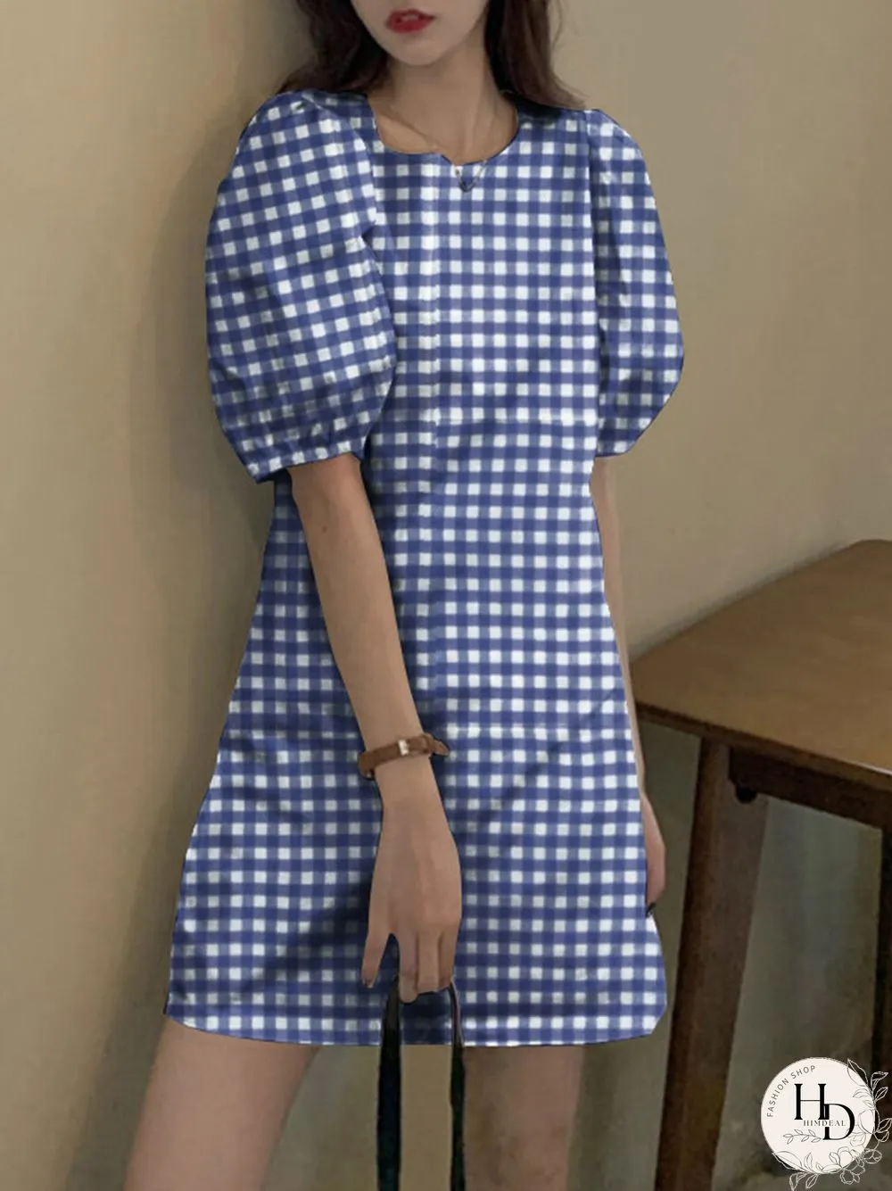 Check Print Puff Sleeve Keyhole Back Crew Neck Dress