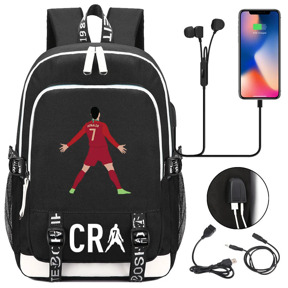 Buzzdaisy Cristiano Ronaldo Printed Backpack with USB Charging Port and Laptop Protection - Multi-Pocket Large Capacity Schoolbag