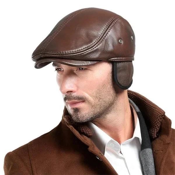 Men's Genuine Leather Keep Warm Cap, Classic Fashion Golf Cabbie Driving Fishing Newsboy Hat