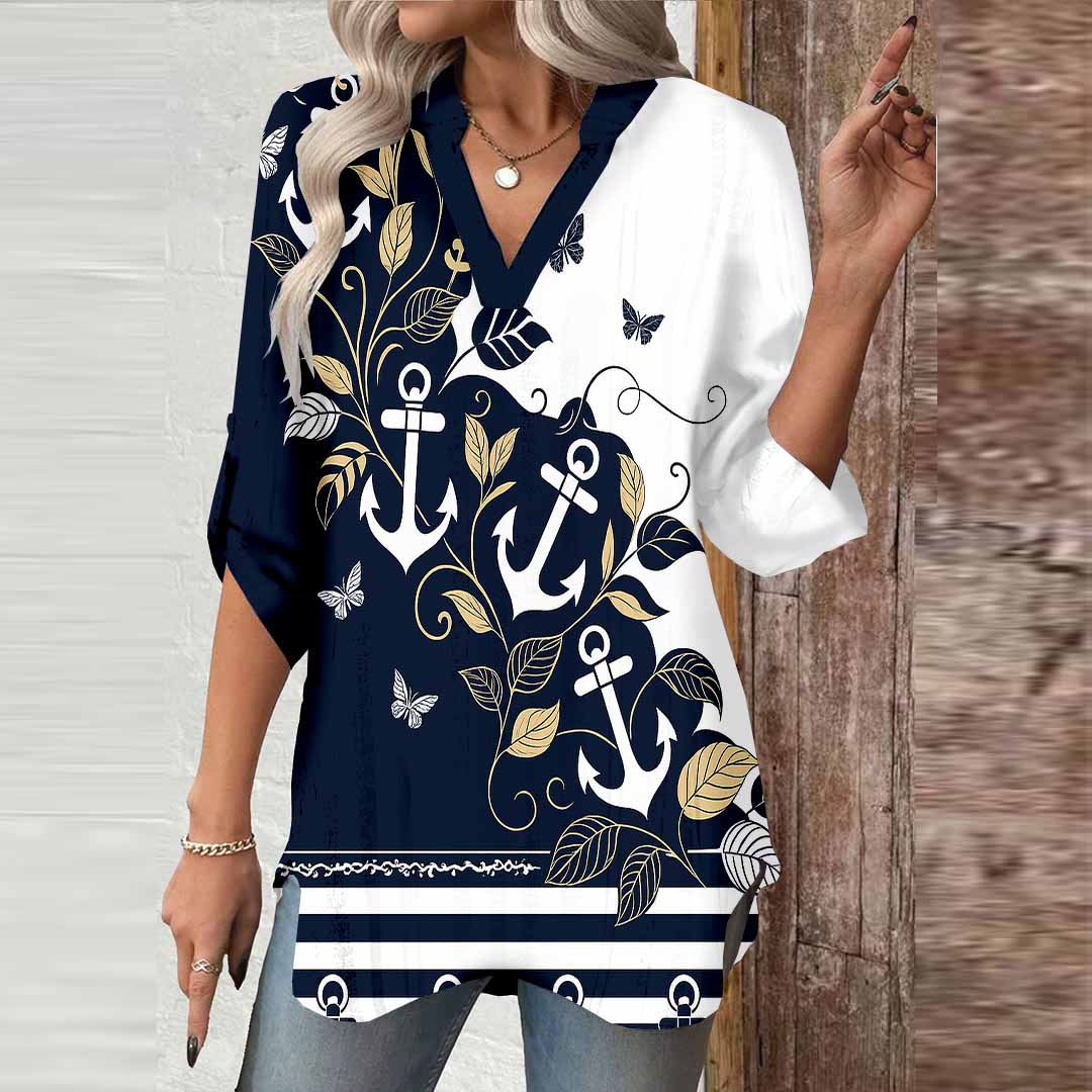 Women Floral,Black,Anchor DZGA0796 3/4 Sleeve V-neck Printed Graphic Button Tops