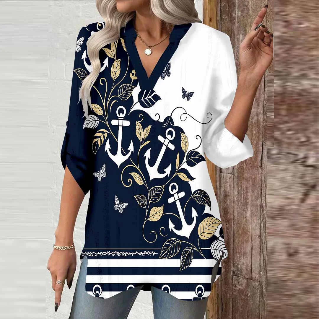 Women Floral,Black,Anchor DZGA0796 3/4 Sleeve V-neck Printed Graphic Button Tops