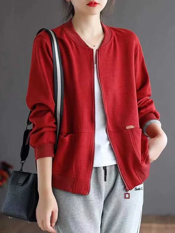 Simple Long Sleeves Loose Solid Color Zipper Stand Collar Outerwear