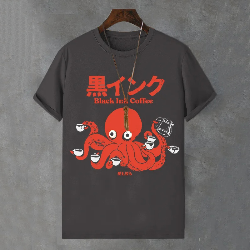 Men's Octopus Coffee Japanese Art Print Comfortable T-shirt  artssus