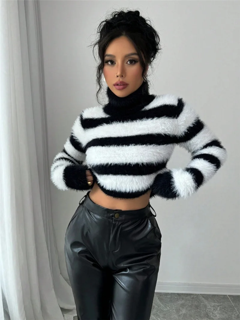 Athvotar Athvotar And Winter New Women's High-Collar Striped Sweater Top Knitted Hottie Lazy