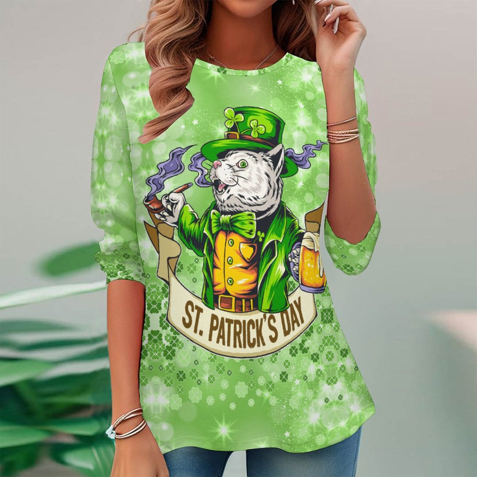 Women Long Sleeve V-neck Graphic Floral Printed Top