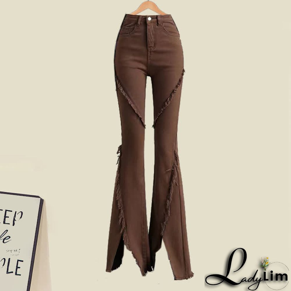 Crochet Hollow T-Shirt Fringed Split Denim Pants Two Pieces Set