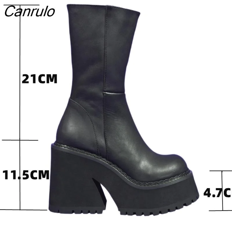Canrulo Genuine Leather Ankle Boots Shoes Women Fashion Mid Calf Ankle Women Boots Female Winter INS Botas De Mujer Size 35-44