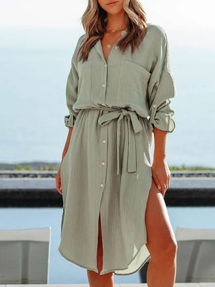 Casual Solid Tie Hem Slit Long Sleeve Midi Dress