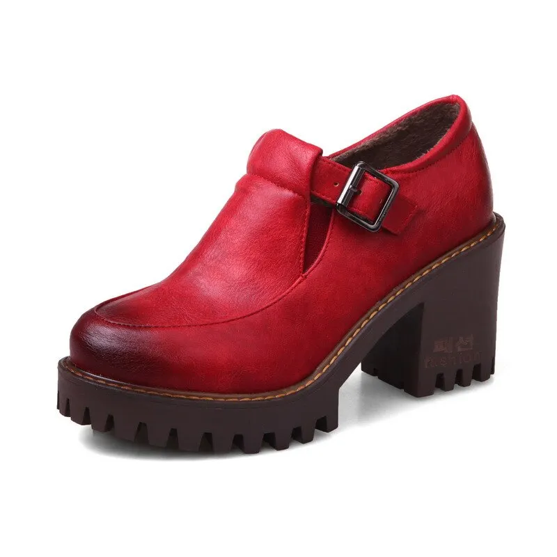 Gdgydh New 2021 Spring Platform Women Shoes On Heels British Style Single Shoes Round Toe Square Heels Ladies Pumps Large Size