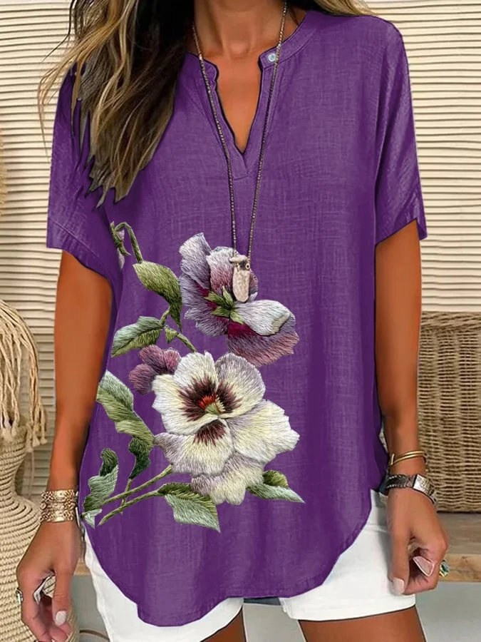 Women's Purple Pansy Floral Print Short Sleeve Blouse