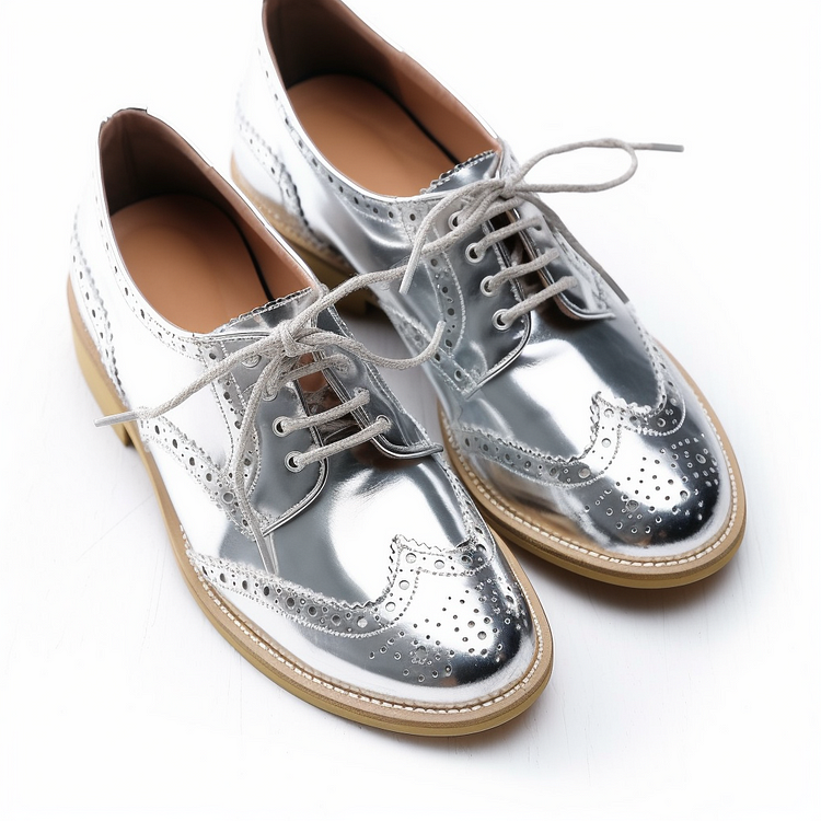 Silver Leather Round Toe  Lace Up Oxford Shoes With Low Chunky Heels |FSJ Shoes