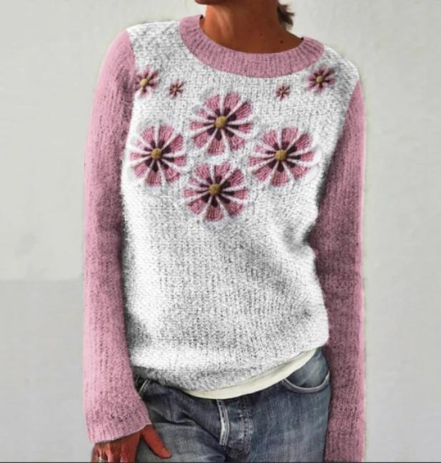 Floral Sakura Petals Art Print Knitted Crew Neck Pullover Cozy Sweater