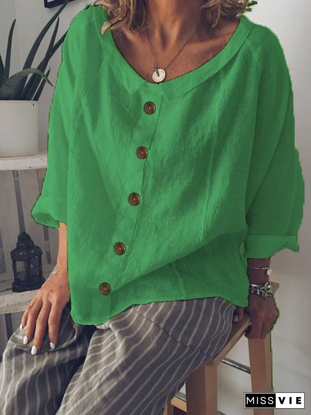 Peter Pan Collar Buttoned Casual Cotton-Blend Tops