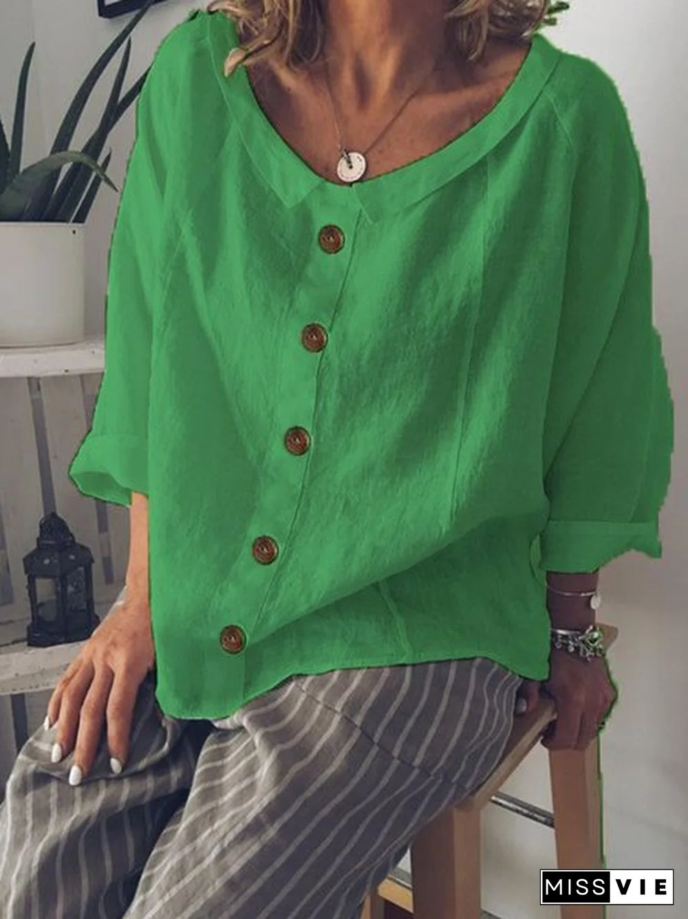 Peter Pan Collar Buttoned Casual Cotton-Blend Tops