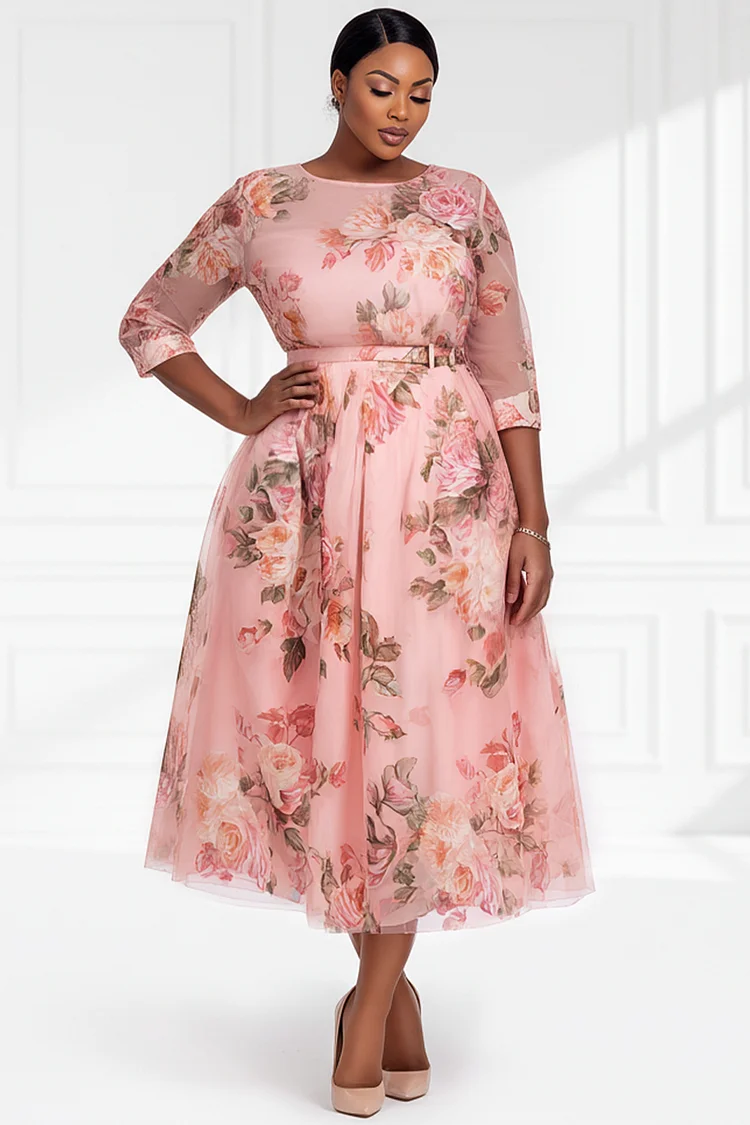 Xpluswear Design Plus Size Cocktail Party Pink Floral Round Neck Flutter Sleeve Short Sleeve See Through Pocket Tulle Midi Dresses [Pre-Order] 2024 - Xpluswear