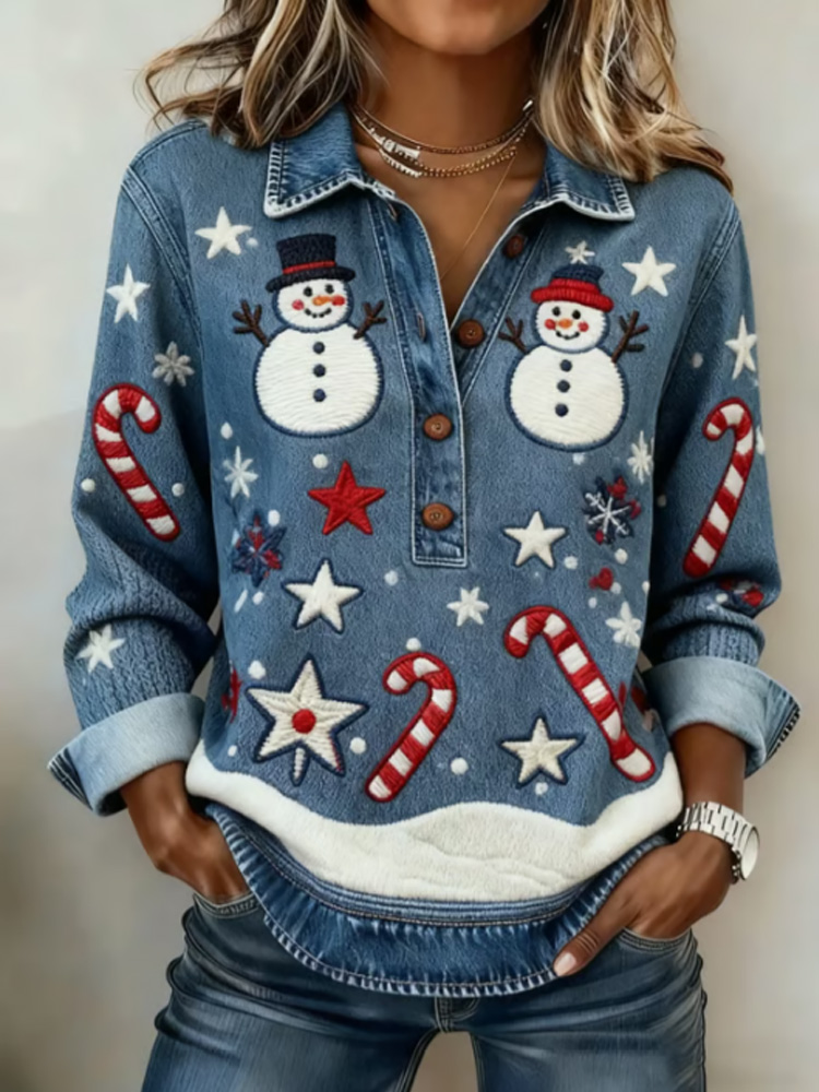 Women's Retro Christmas Casual Collared Top elevenforest