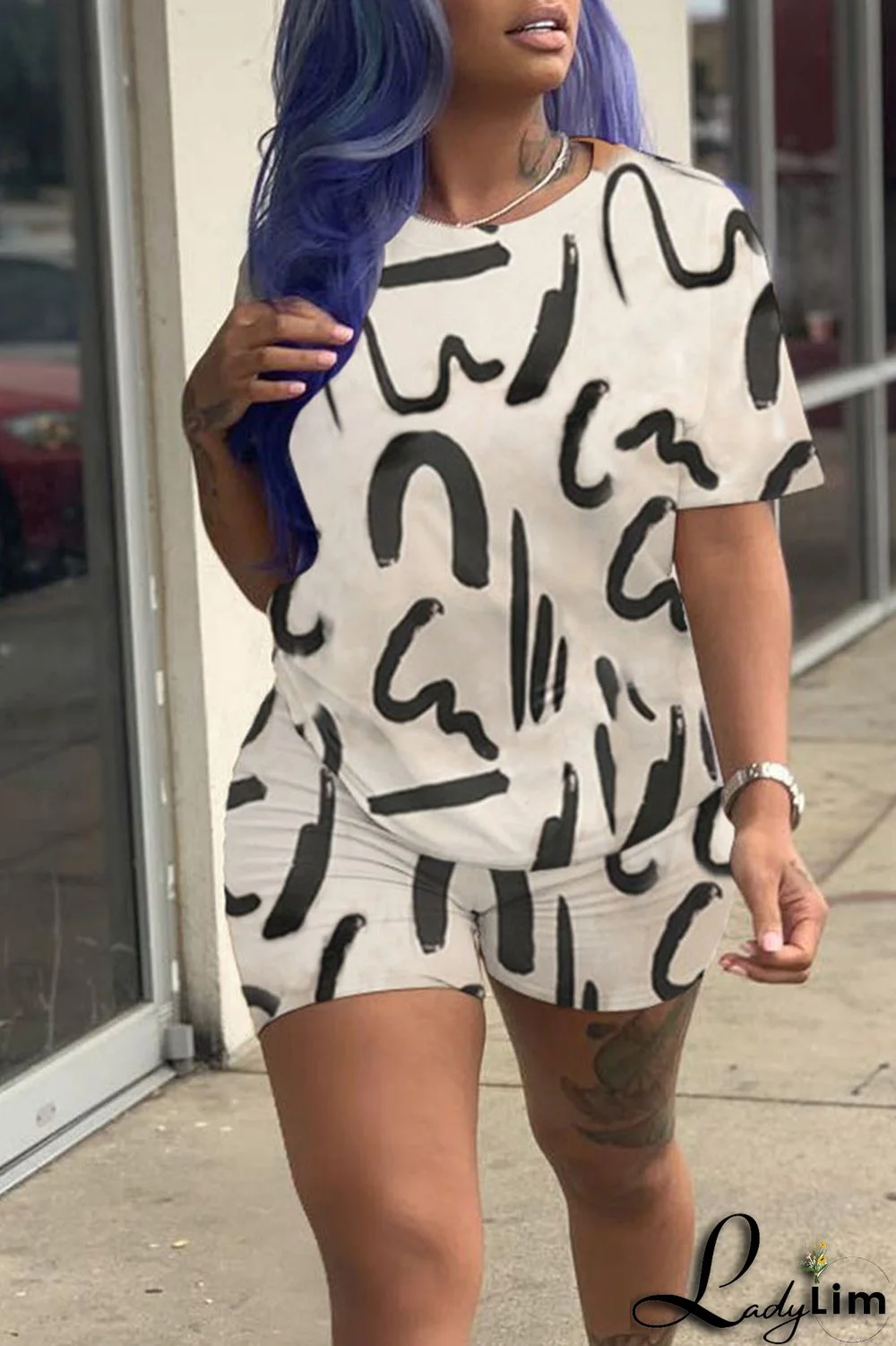 Black Casual Print Patchwork O Neck Short Sleeve Two Pieces