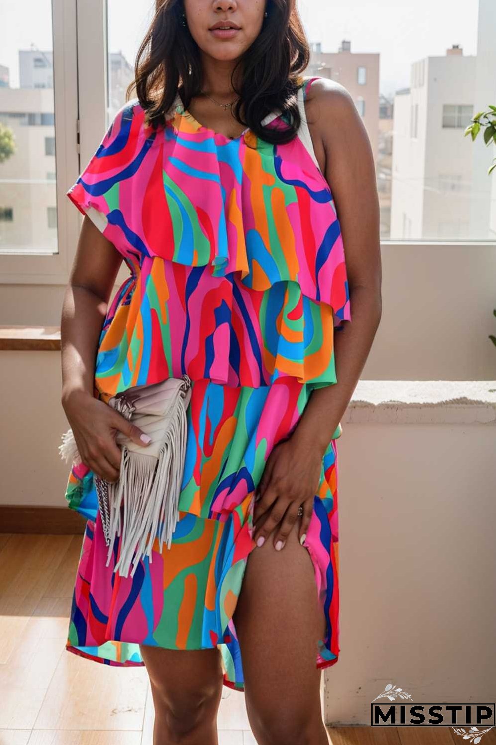 sloping shoulder ruffle print dress