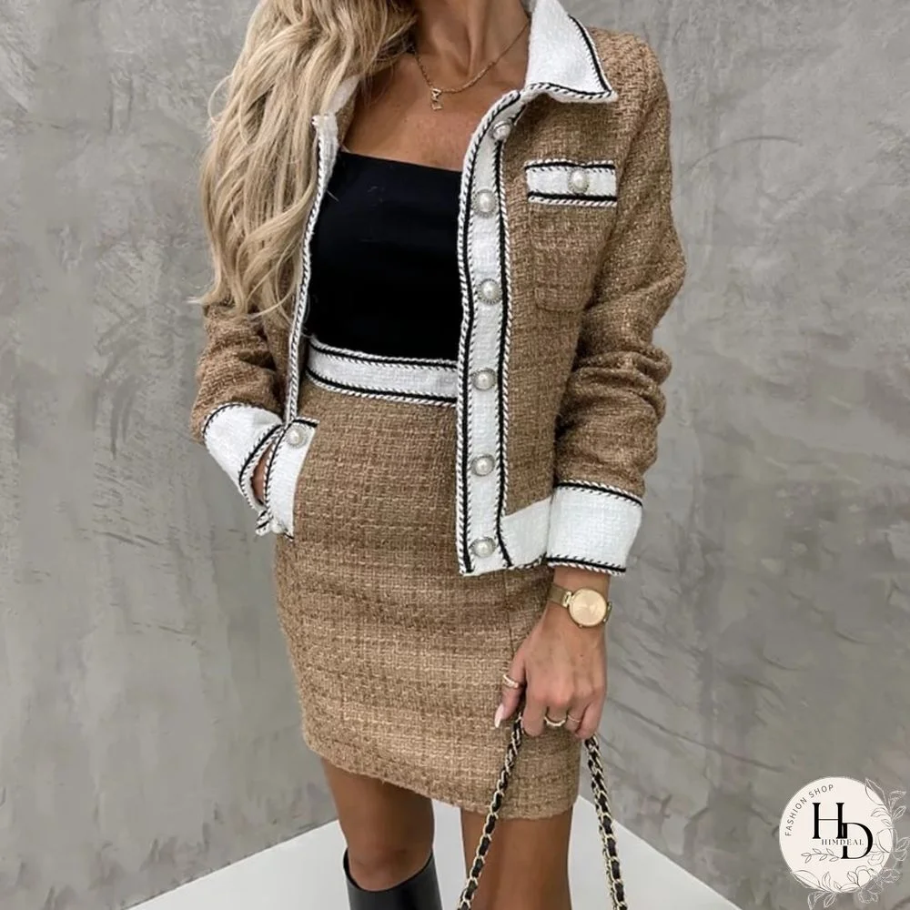 Autumn Fashion Lapel Pearl Button Outwear+Mini Skirt Set Elegant French Long Sleeve Two Piece Suit Women Patchwork Party Outfits