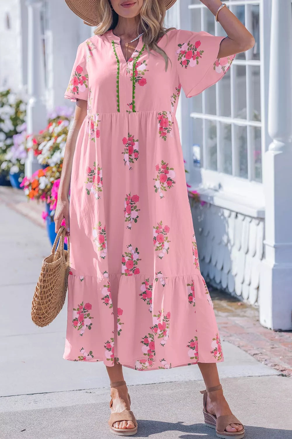 Notched Neck Flutter Short Sleeve Floral Print Dress mysite idetrend