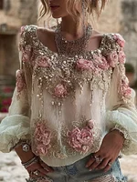 Vintage Boho Pink Rose Embroidery Art Long Sleeve Linen T Shirt