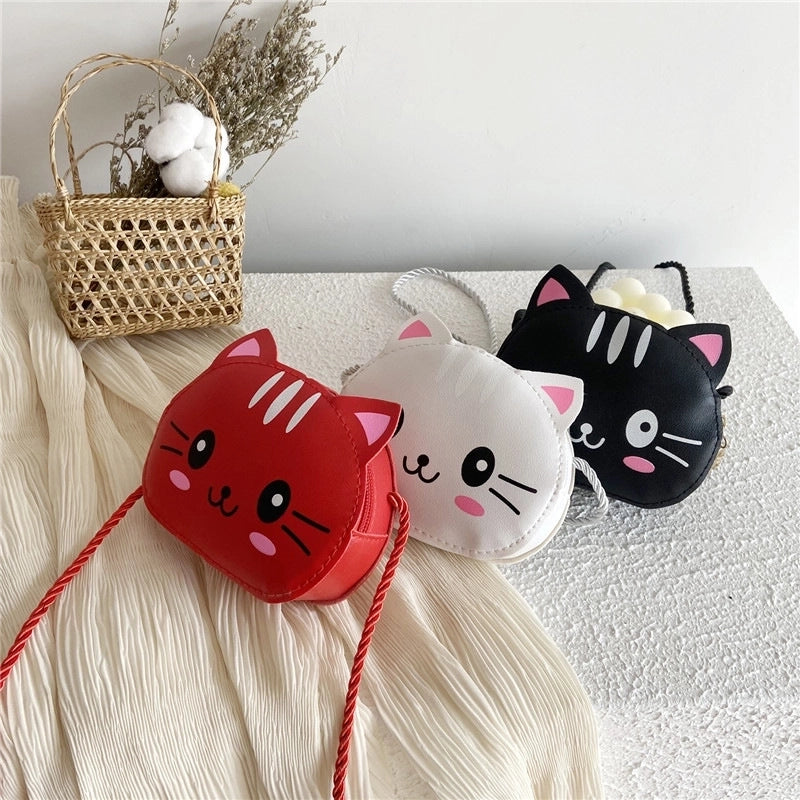 Kid’S Small Pu Leather Cat Cute Round Zipper Crossbody Bag