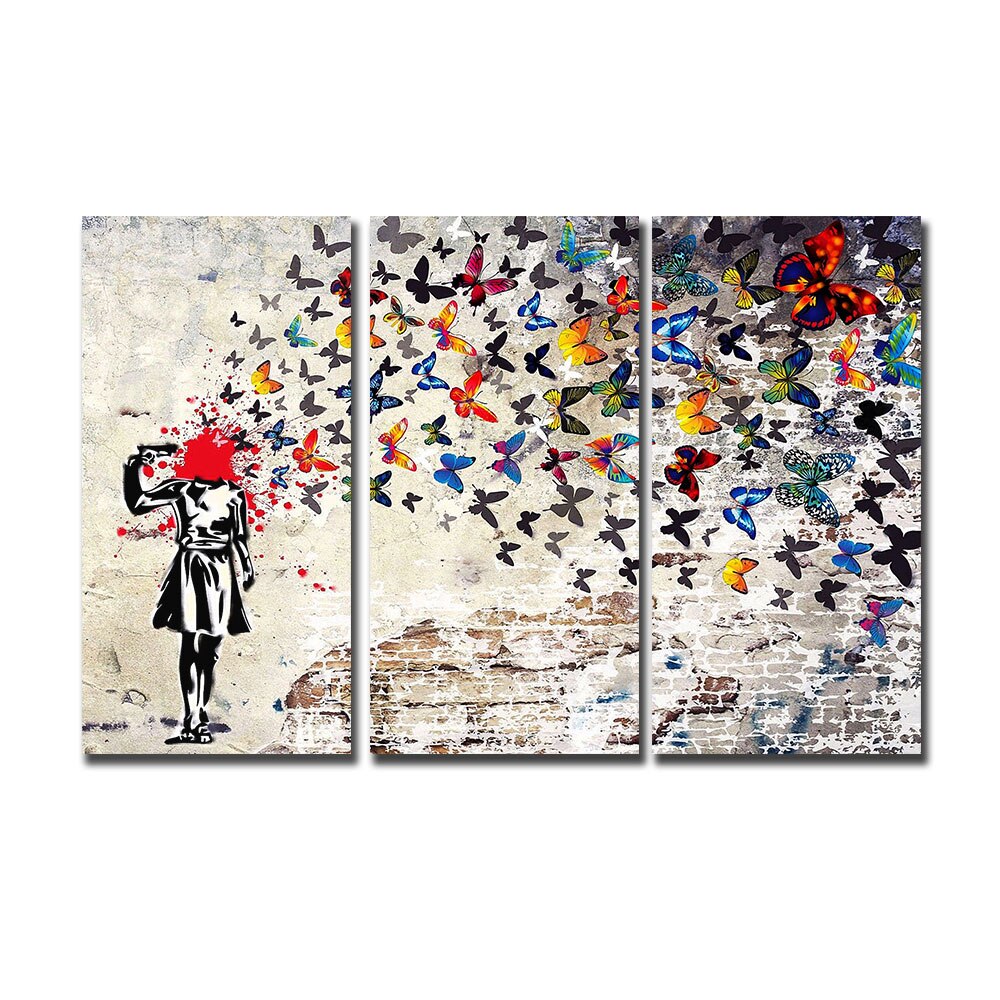 3 PCS Banksy Artwork Girl With Butterfly Canvas Paintings On The Wall Abstract Pictures Prints for Modern Home Room Decoration