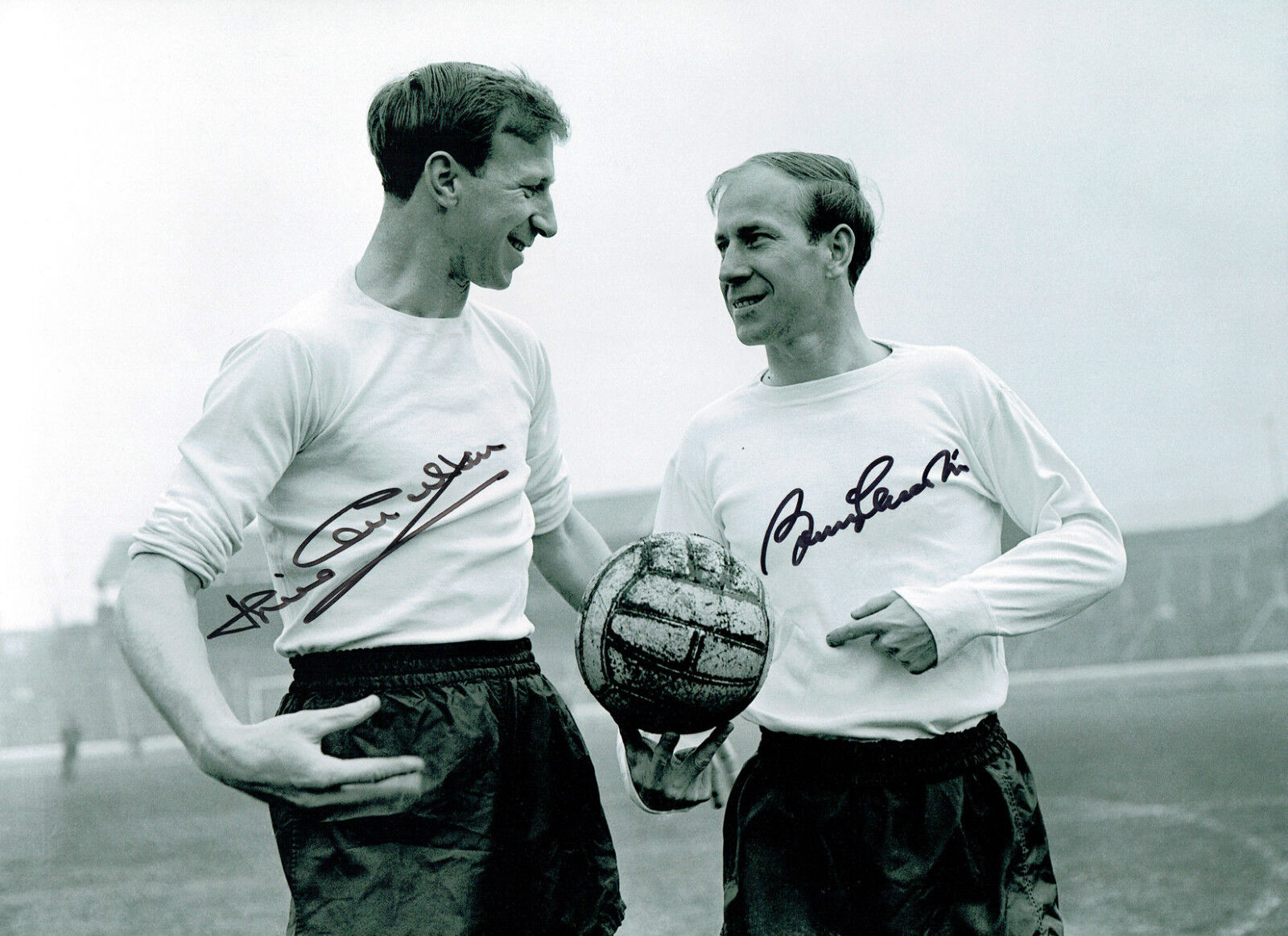 Bobby & Jack CHARLTON Signed England Football 16x12 Autograph Photo Poster painting AFTAL COA