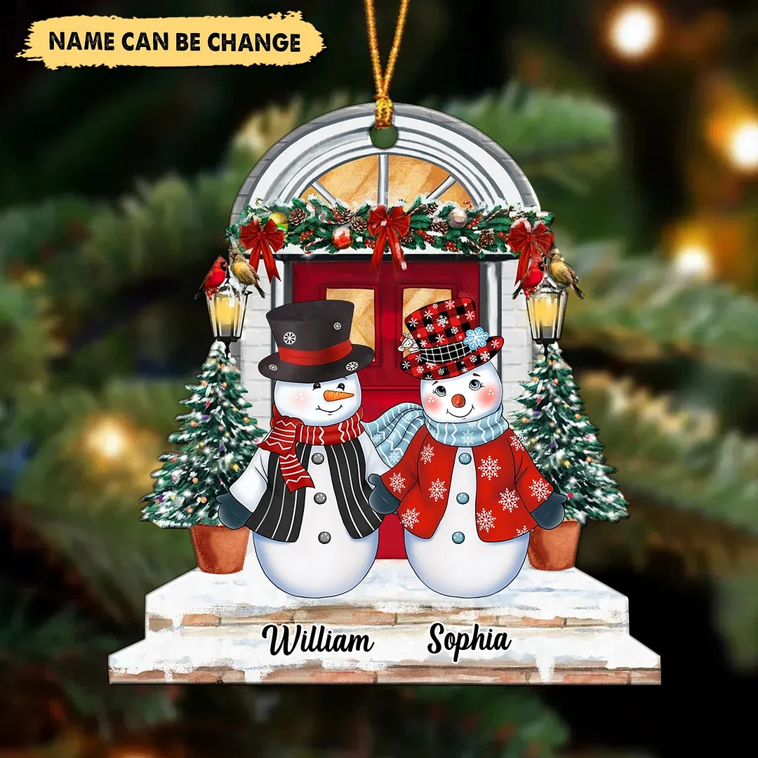 Personalized Christmas Couple Snowman Sitting Front Porch Ornament