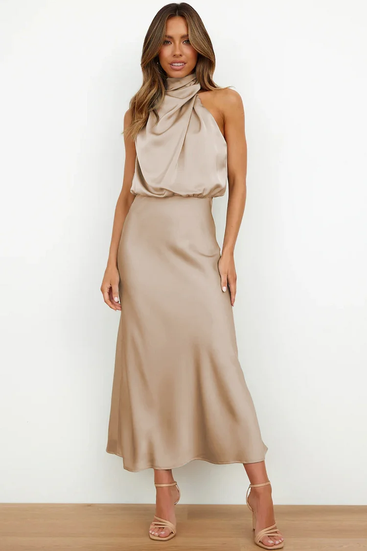 Semi Formal Apricot Satin High Neck Sleeveless Sheath Midi Dress