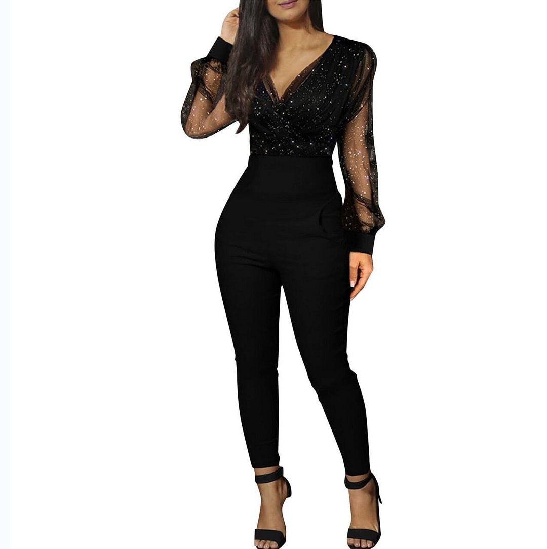 Spring Women's Fashion V-neck Sequins Mesh Long Sleeve Jumpsuit