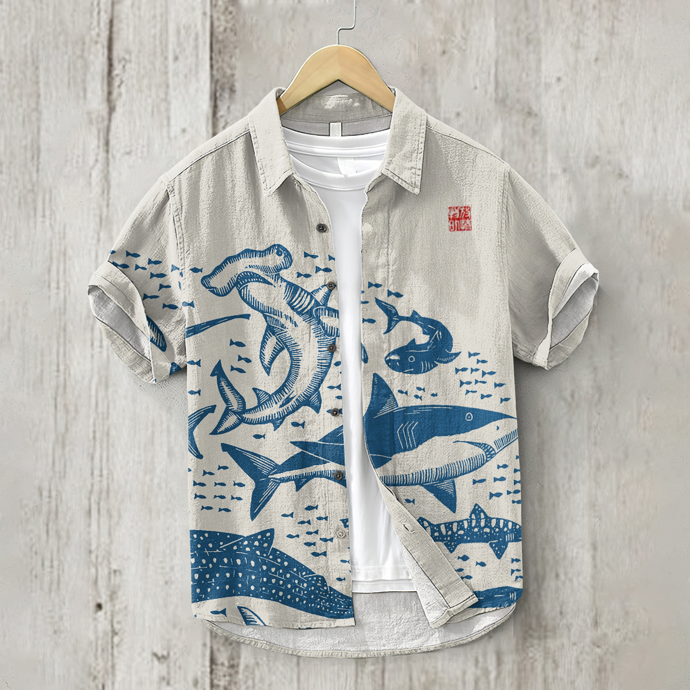 Comstylish Sharks Japanese Lino Art Graphic Casual Linen Blend Shirt