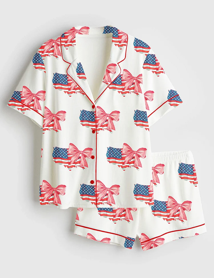 Women&rsquo;s 4th Of July Coquette American Flag Patriotic Print Short Sleeve Satin Pajama Set