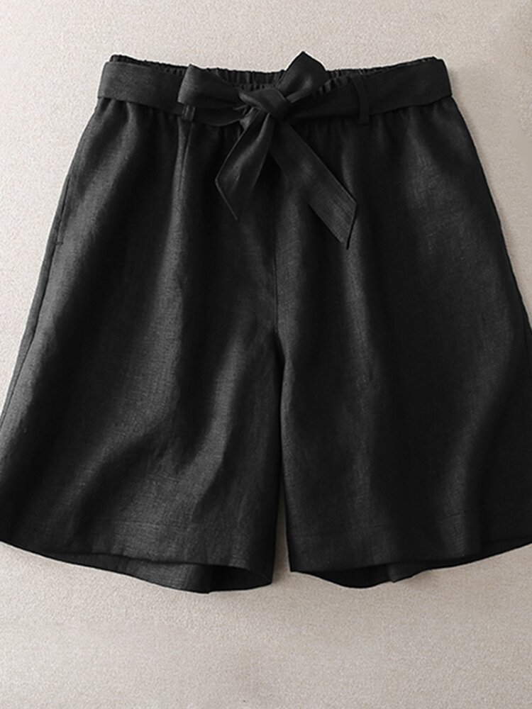 Solid Casual Wide Leg Shorts With Belt For Women