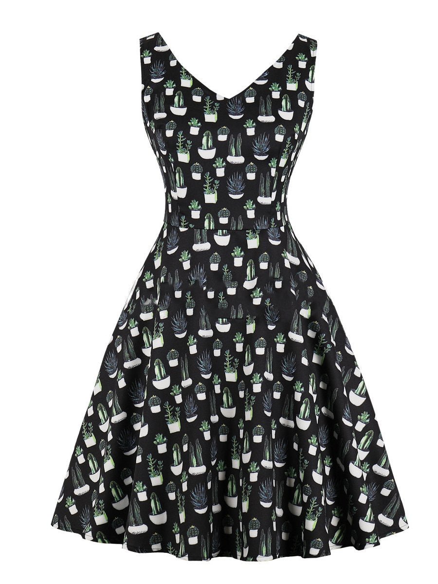 1940s Dress Cactus Print Sleeveless A-Line Dress
