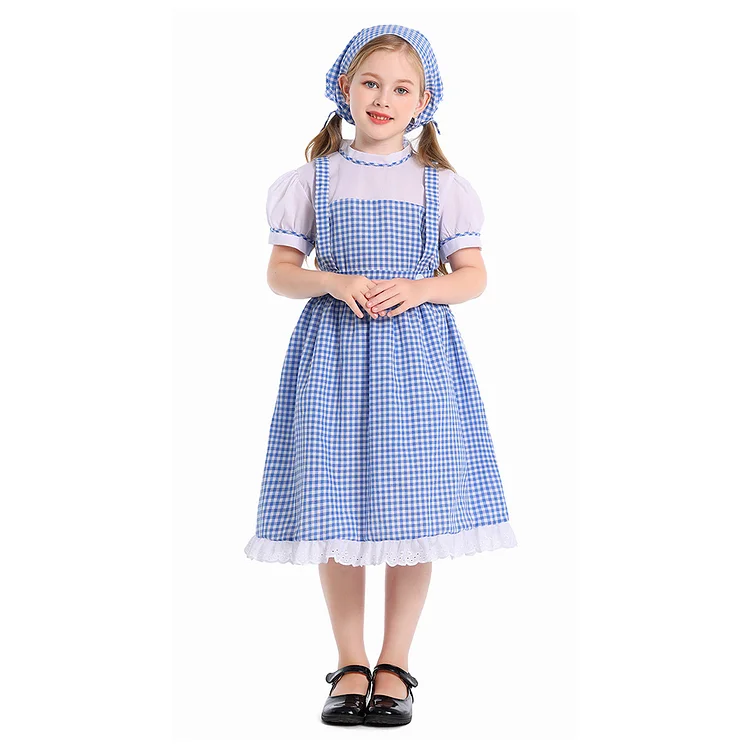 Kids Children&nbsp;Pilgrims&nbsp;Manor Blue Checked Dress Bonnet Outfits&nbsp;Costume Carnival Party Suit