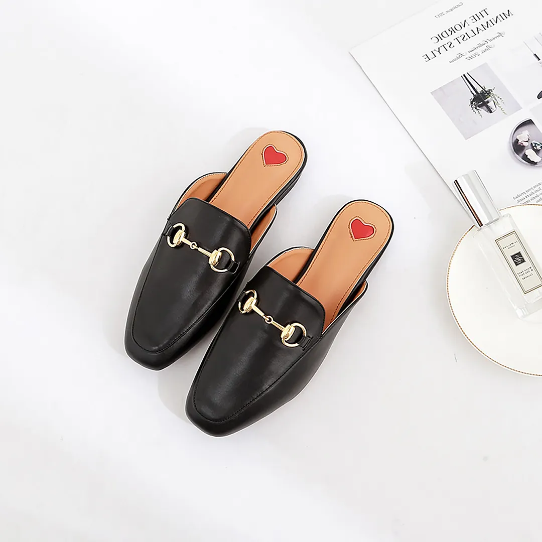 Red Heart Buckle Black Mules Shoes-vocosishoes
