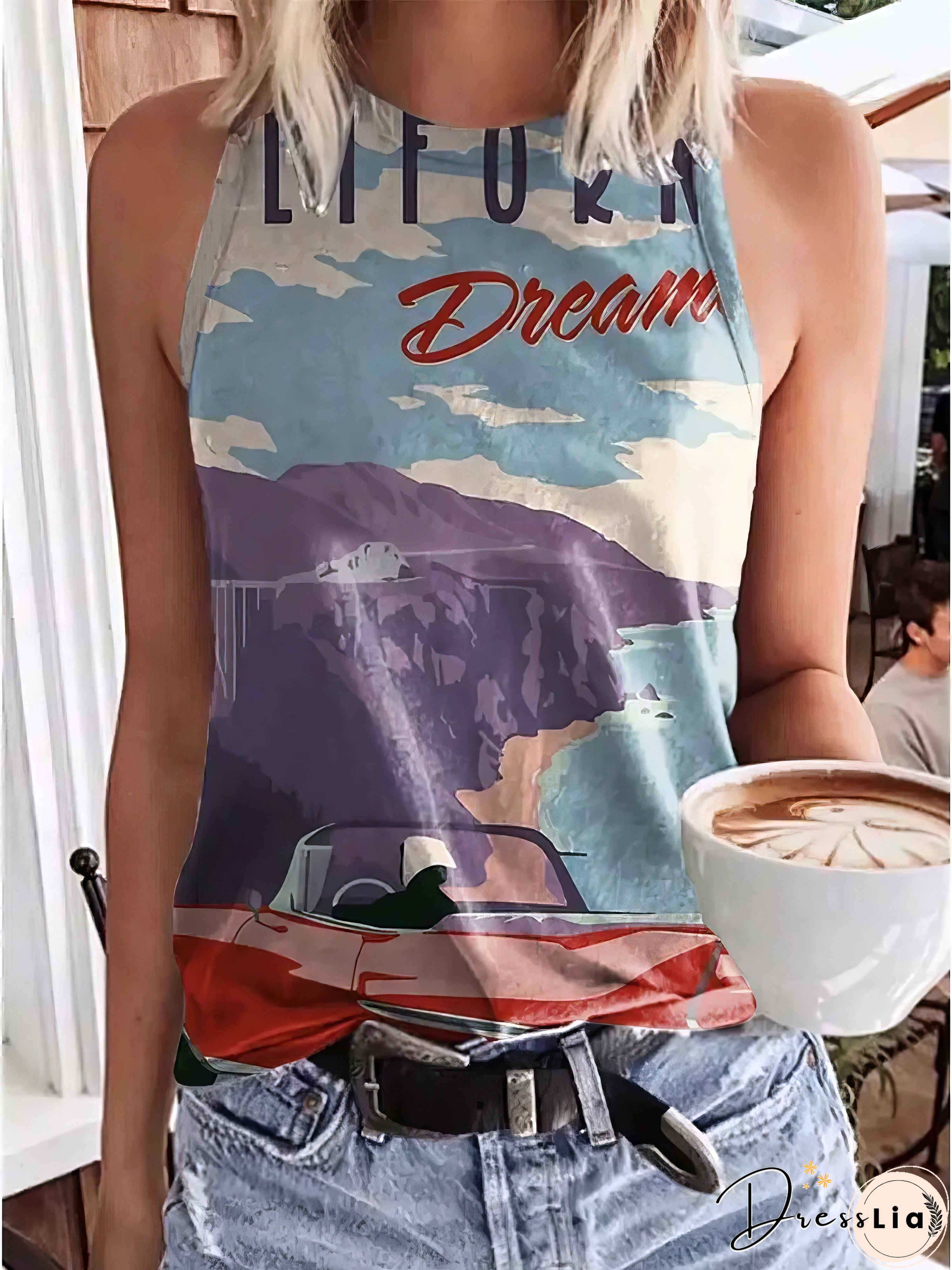 Printed Round Neck Slim Tank Top