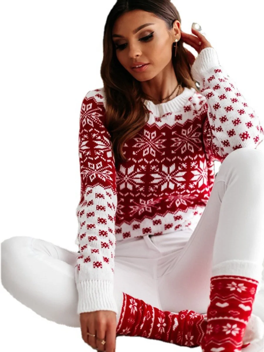 Christmas Sweaters Round Neck Long Sleeve Snowflake Print Knitted Sweater