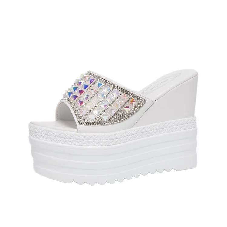 Punklens Rhinestone Wedges Heel Women Slippers Platform Shoes Peep Toe Height Increasing Slides Ladies Sandals Zapatos De Mujer