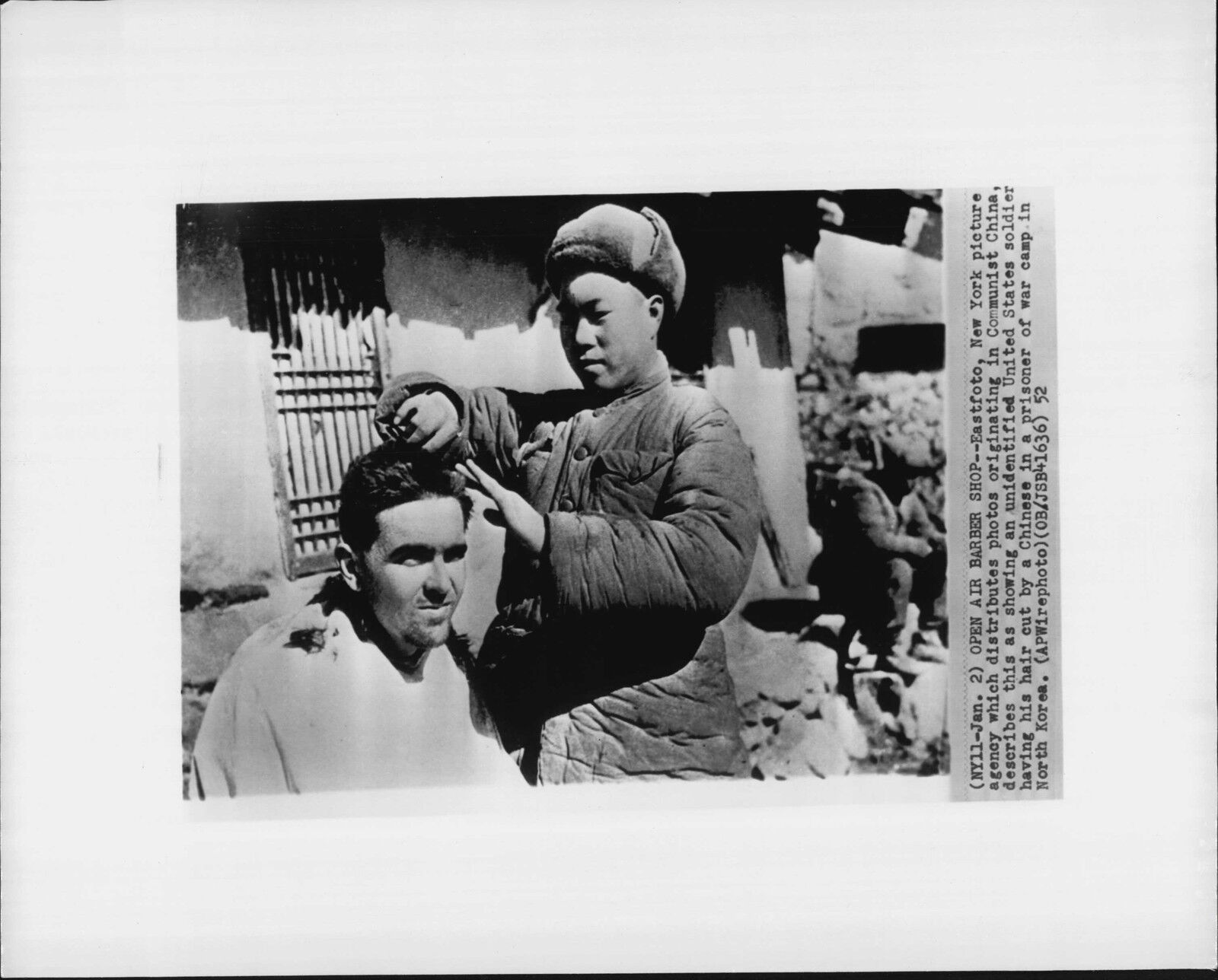 American Prisoner Get Haircut 1952 Eastfoto Korea War Press Photo Poster painting