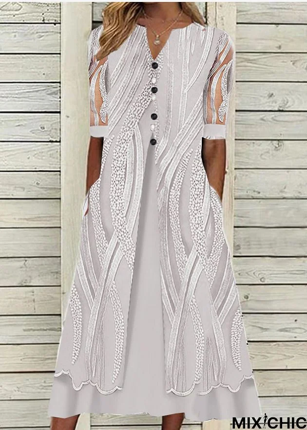 Printed V-Neck Pocket Short Sleeve Dress White Dresses