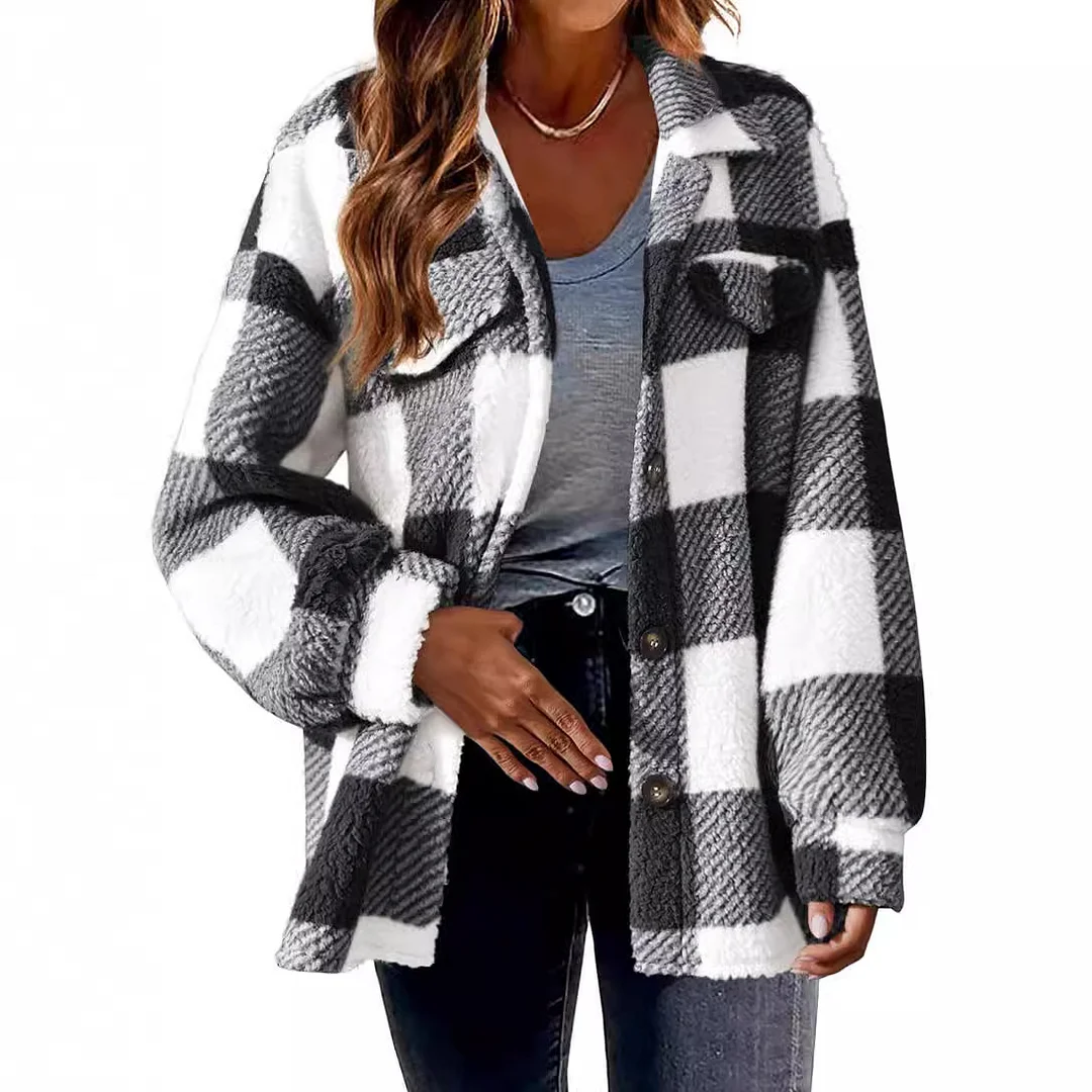 Uveng Uveng Women's 2025 New Autumn And Winter With Pocket Lattice Lamb Jacket Button Plush Jacket