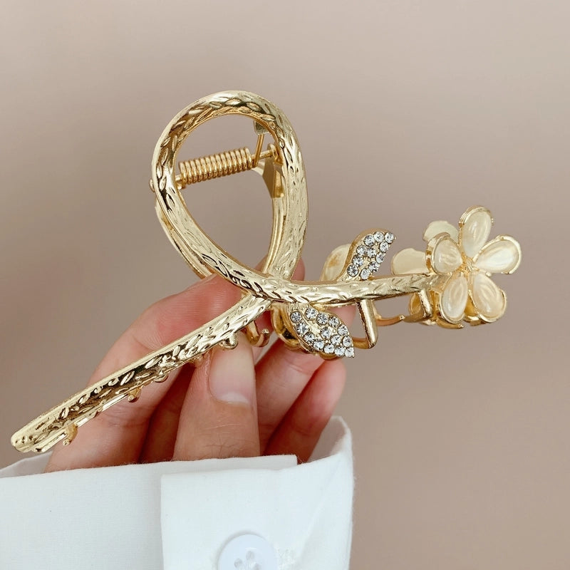 Women’s Luxurious Shiny Flower Tulip Metal Inlay Rhinestones Pearl Hair Claws