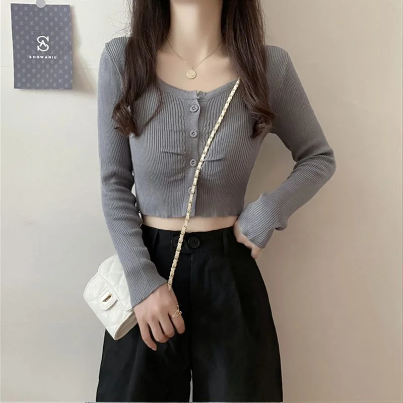 Uveng Uveng Hottie Long-Sleeved Knitted Cardigan Girl Spring Design Slim Short Umbilly Bottom Shirt Top