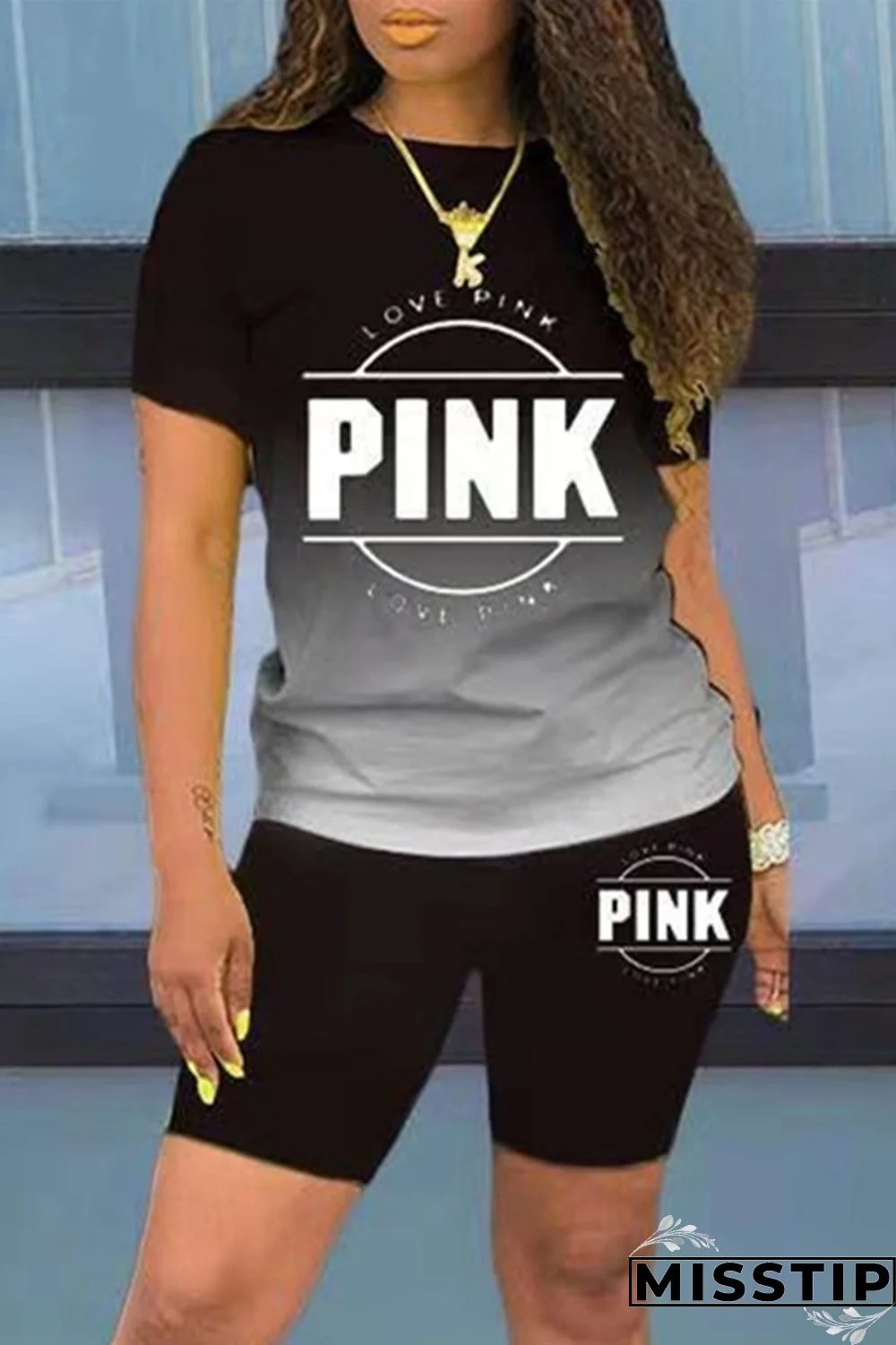 Black Fashion Casual Gradual Change Letter Print Basic O Neck Short Sleeve Two Pieces