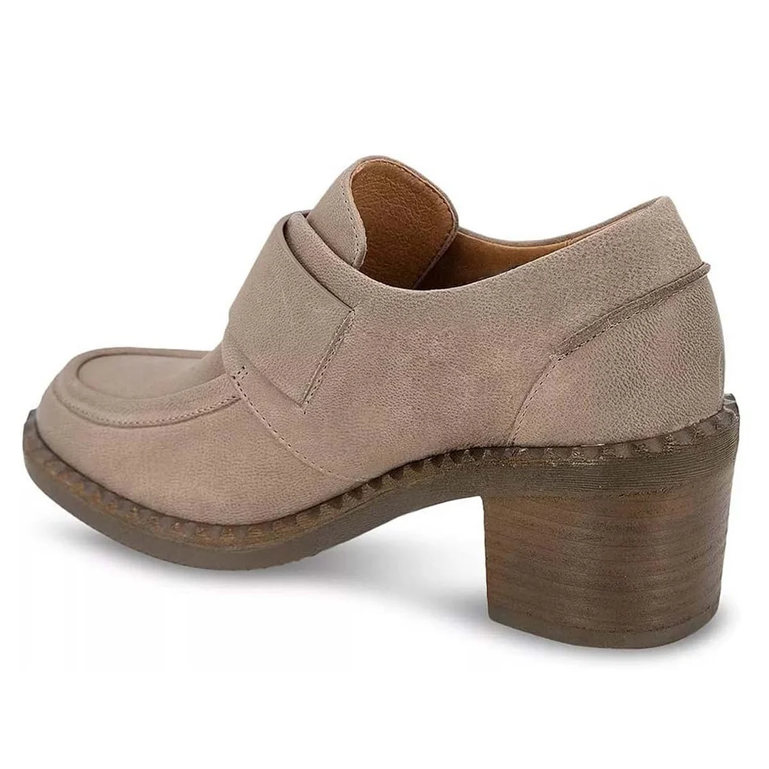 Taupe Buckle Strap Round Toe Loafer Shoes Women with Block Heel