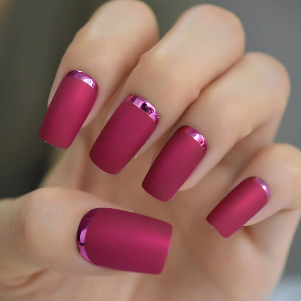 Cocktail Purple Color Glossy Edge Charms Sexy Red Square Flase Nails Tips Medium-Long Full Cover Nails Supplies For Professional-Nail Inspo