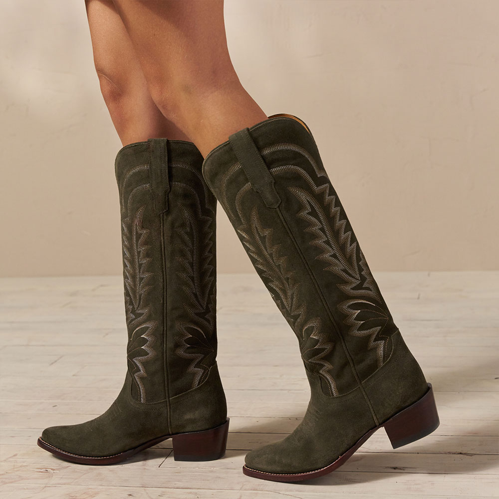 Olive Almond Toe Chunky Heel Embroidered Knee-High Cowgirl Boots Nicepairs