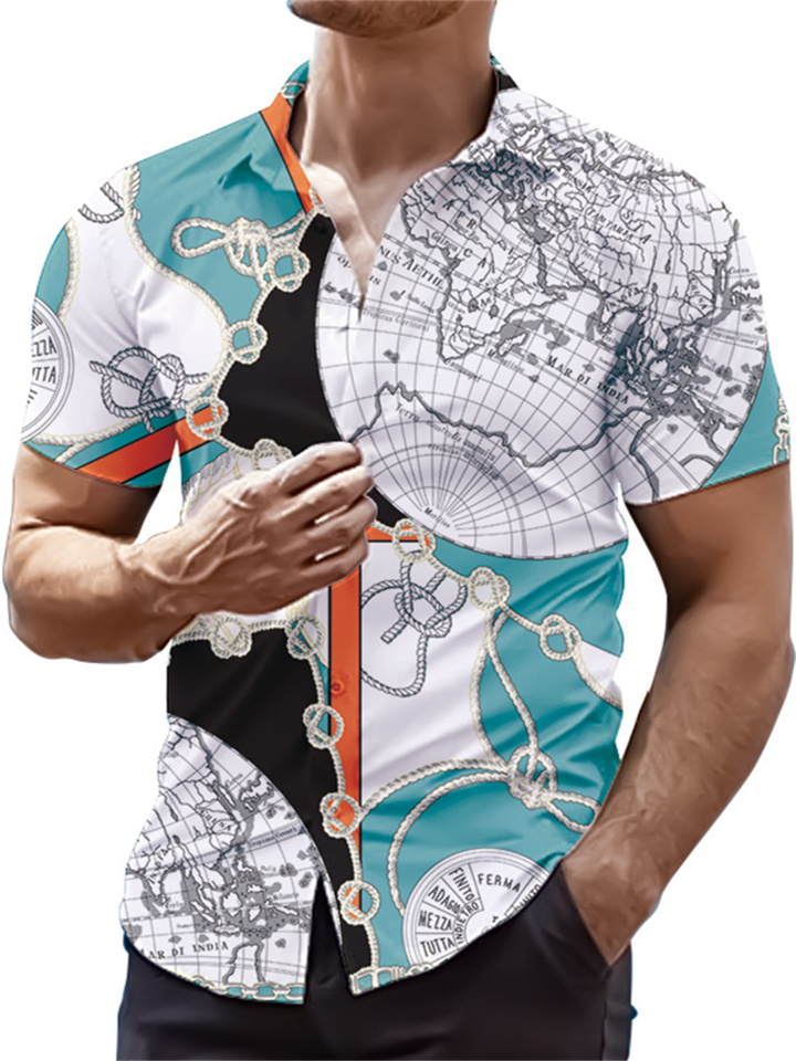 Men's Spring and Summer New Printed Casual Men's Lapel Short Sleeve Shirt